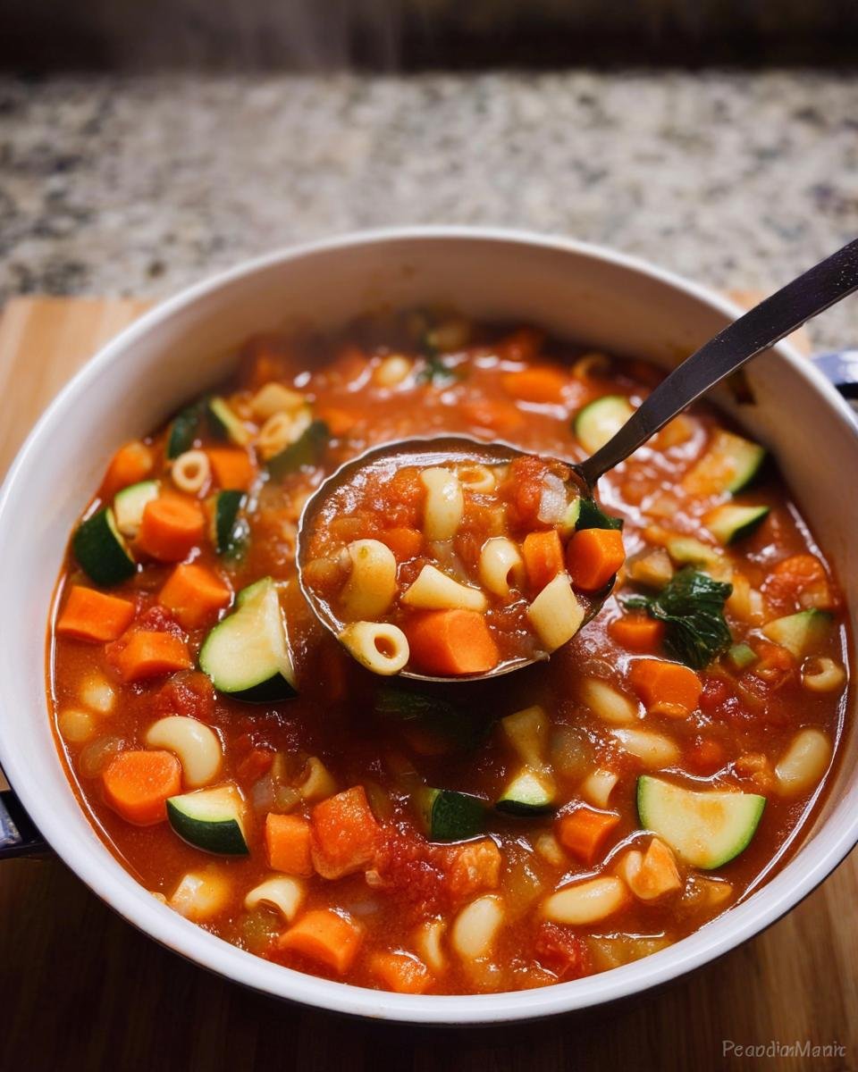 Eine Schöpfkelle voller dampfender Minestrone – italienische Gemüsesuppe mit Karotten, Zucchini und Nudeln.