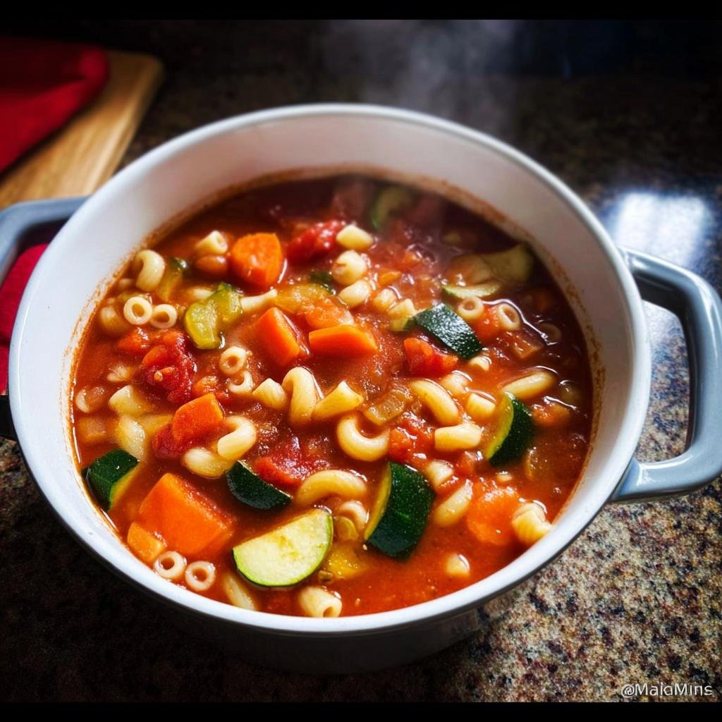 Nahaufnahme einer dampfenden Schüssel Minestrone – italienische Gemüsesuppe mit Nudeln, Karotten und Zucchini.