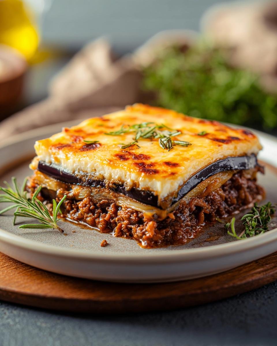 Ein saftiges Stück Moussaka aus der Auflaufform mit Hackfleisch, Auberginenschichten und goldbrauner Béchamelsauce.