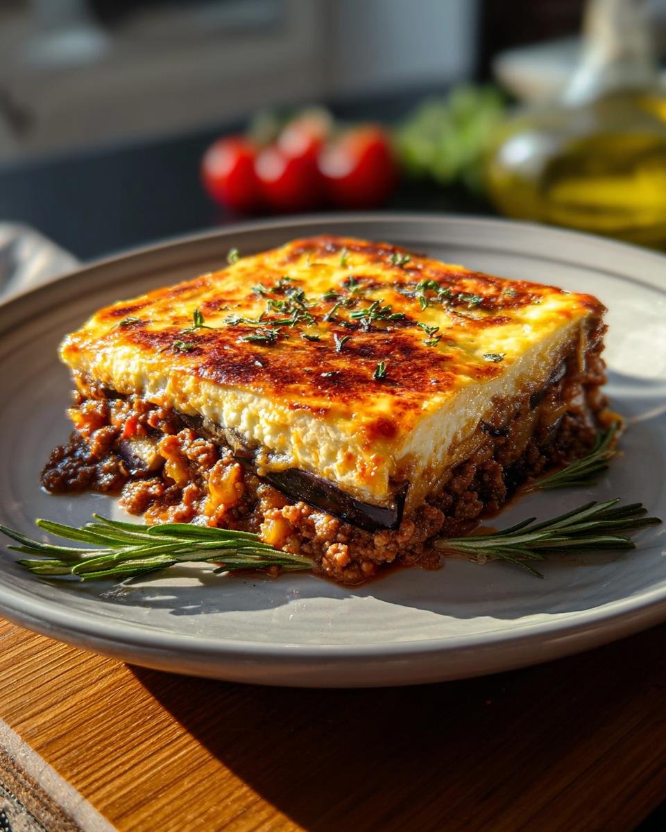 Ein goldbraun überbackenes Stück Moussaka aus der Auflaufform auf einem Teller, garniert mit Rosmarin.