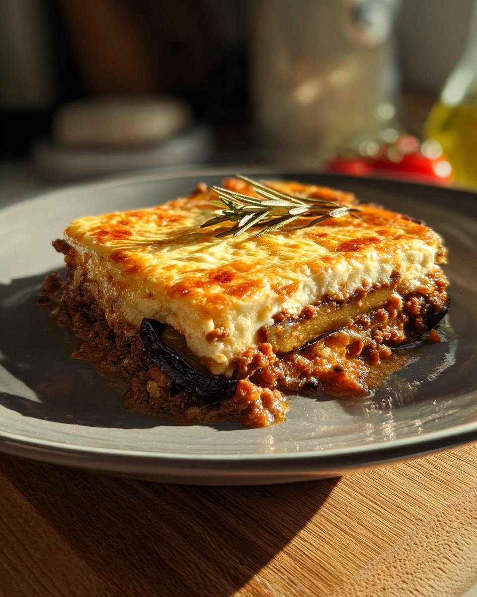 Ein serviertes Stück Moussaka aus der Auflaufform mit Fleischsauce, Aubergine und goldbrauner Béchamelschicht.