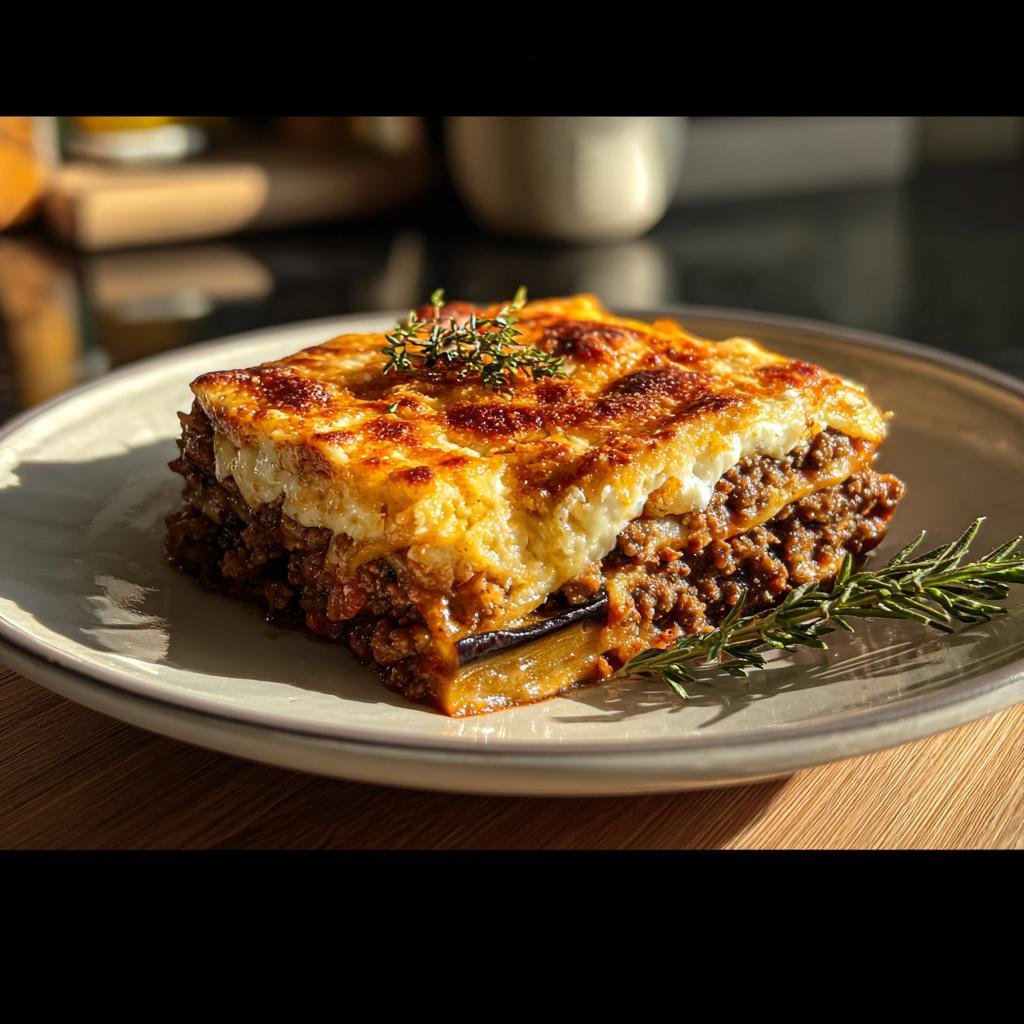 Ein appetitliches Stück Moussaka aus der Auflaufform mit goldbrauner Kruste auf einem Teller.