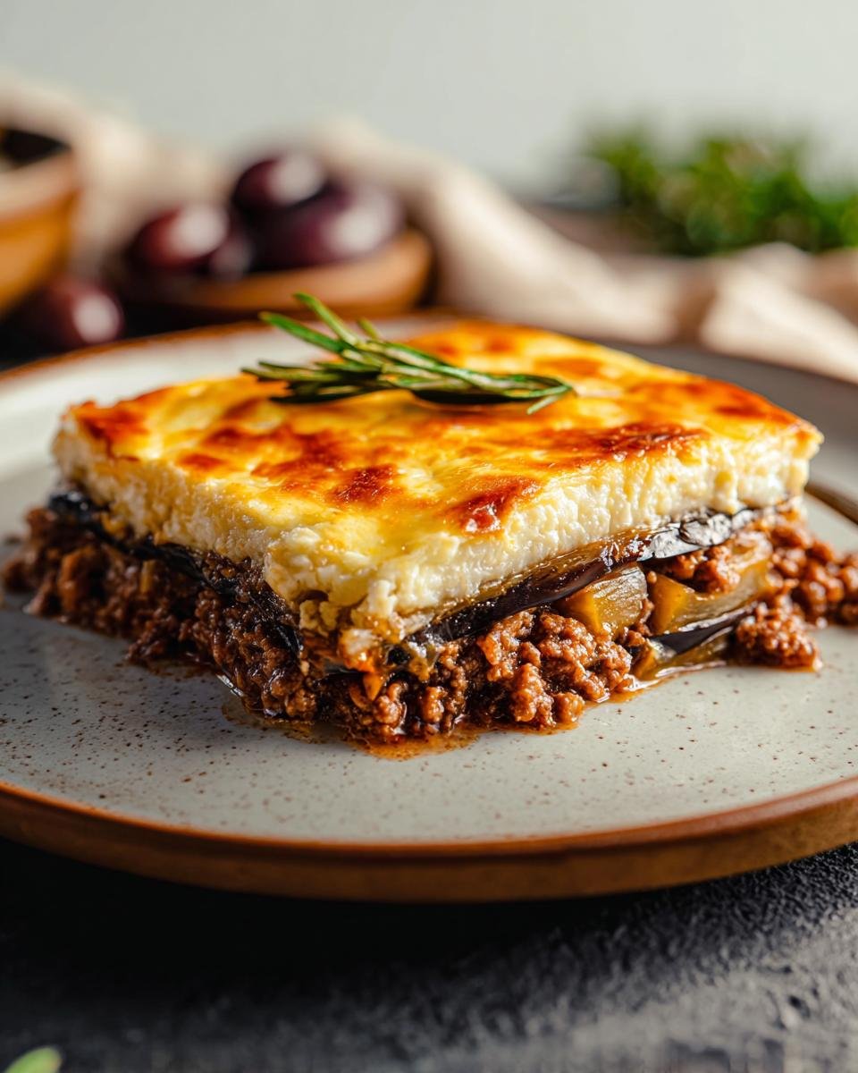 Ein saftiges Stück Moussaka aus der Auflaufform mit Hackfleisch, Aubergine und goldbrauner Béchamelschicht.