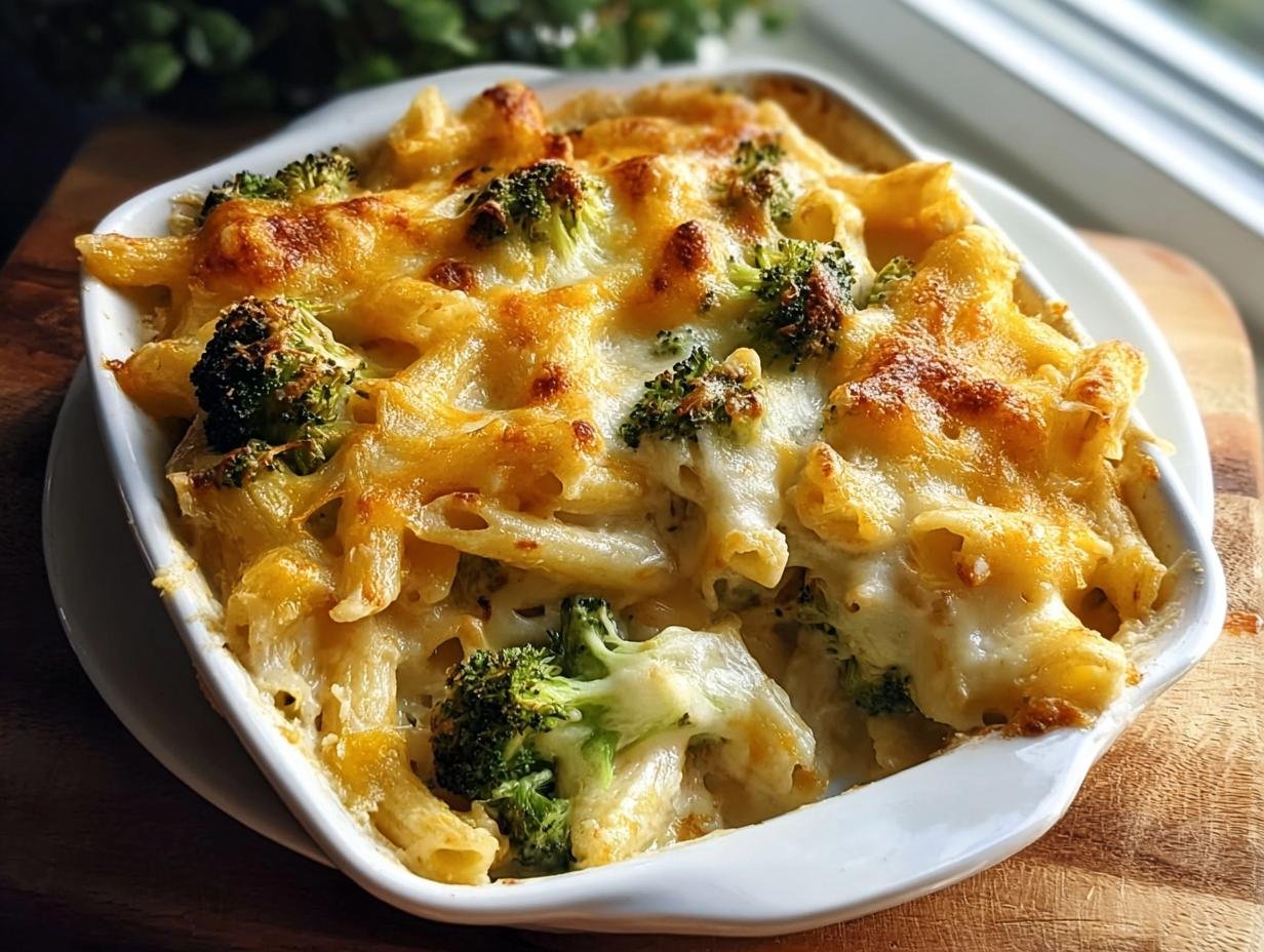 Überbackener Nudelauflauf mit Brokkoli und goldbraunem Käse in einer weißen Auflaufform.