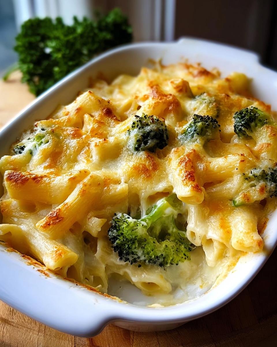 Nahaufnahme von frisch gebackenem Nudelauflauf mit Brokkoli und goldbraun überbackenem Käse.