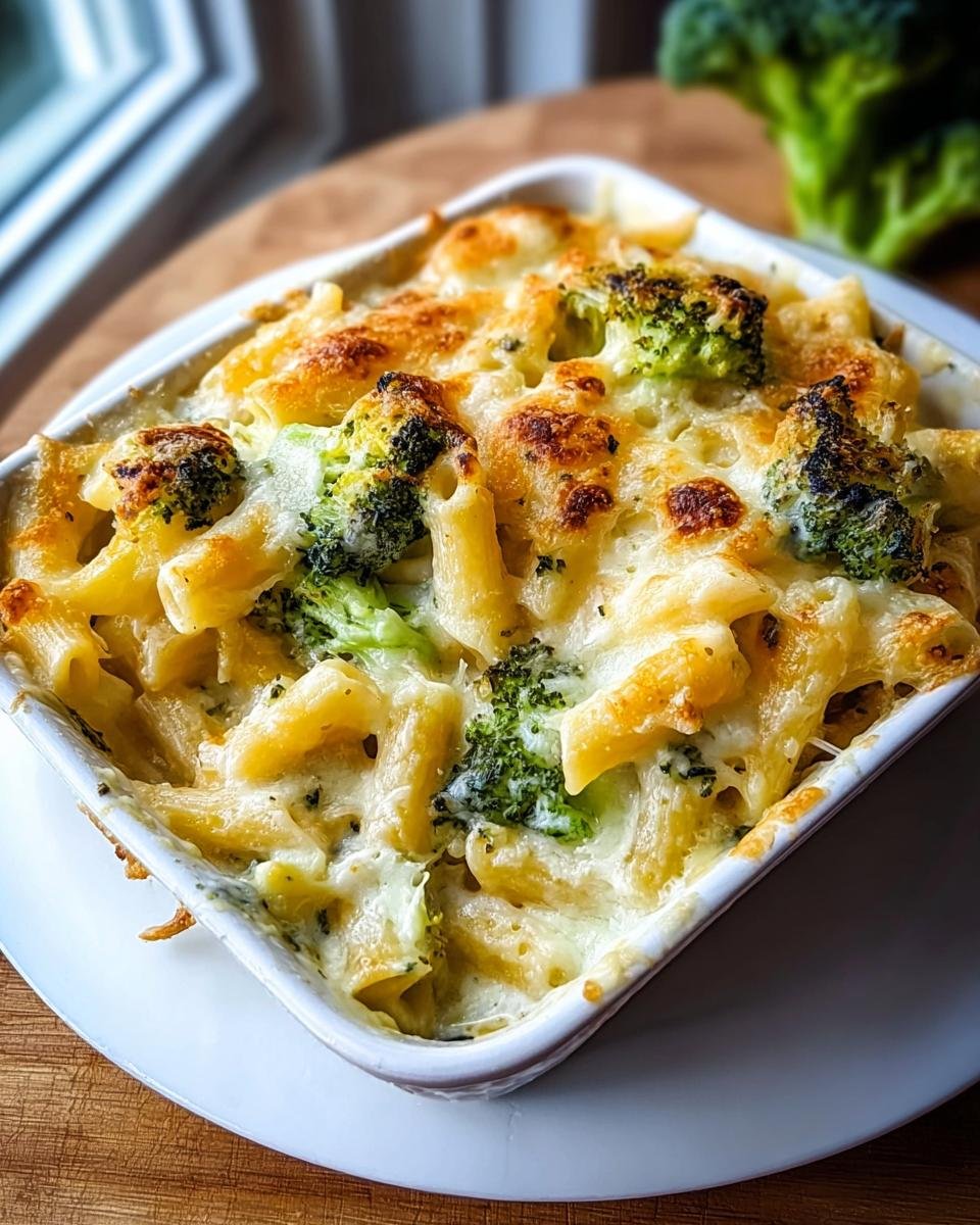 Nahaufnahme eines frisch gebackenen Nudelauflauf mit Brokkoli und Käse in einer weißen Auflaufform.