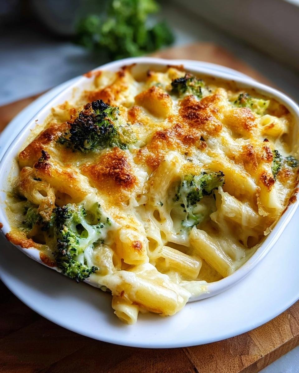 Nahaufnahme von einem cremigen Nudelauflauf mit Brokkoli und goldbraun überbackenem Käse.