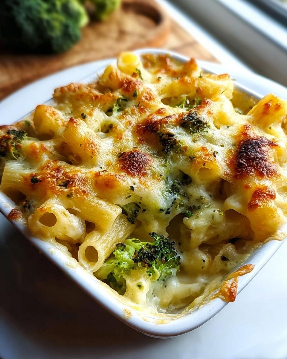 Nahaufnahme eines gebackenen Nudelauflauf mit Brokkoli und goldbraun überbackenem Käse.