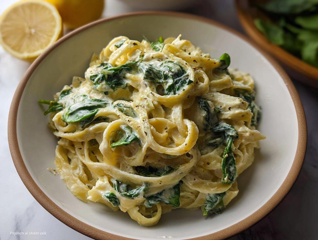 Nahaufnahme von Nudeln mit Zitronen-Ricotta-Sauce und frischem Spinat in einer hellen Schüssel.