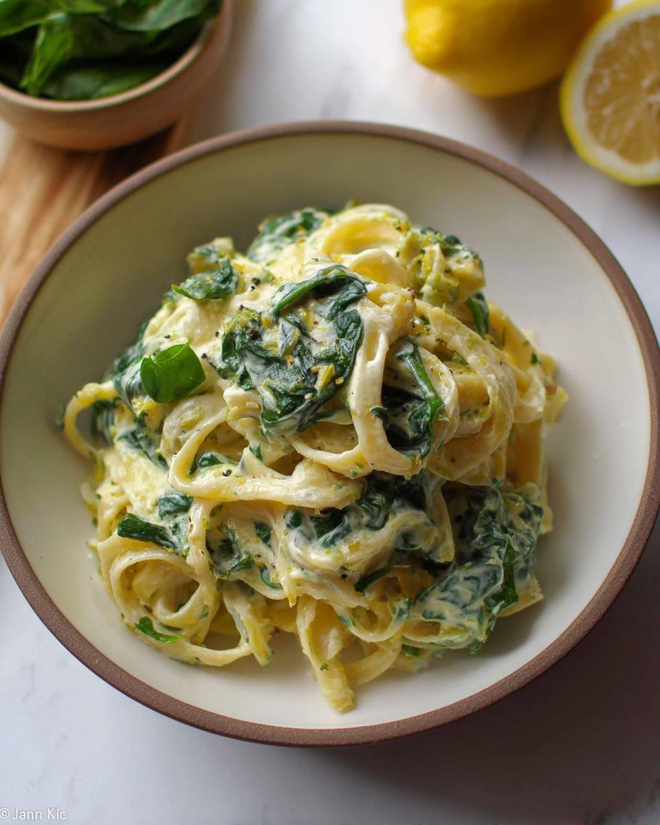 Nahaufnahme von Nudeln mit Zitronen-Ricotta-Sauce und frischem Spinat in einer hellen Schüssel.