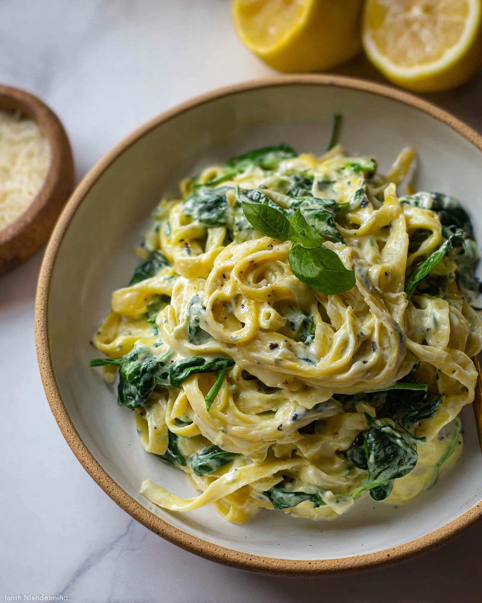 Nahaufnahme von Nudeln mit Zitronen-Ricotta-Sauce und frischem Spinat, garniert mit Basilikum.