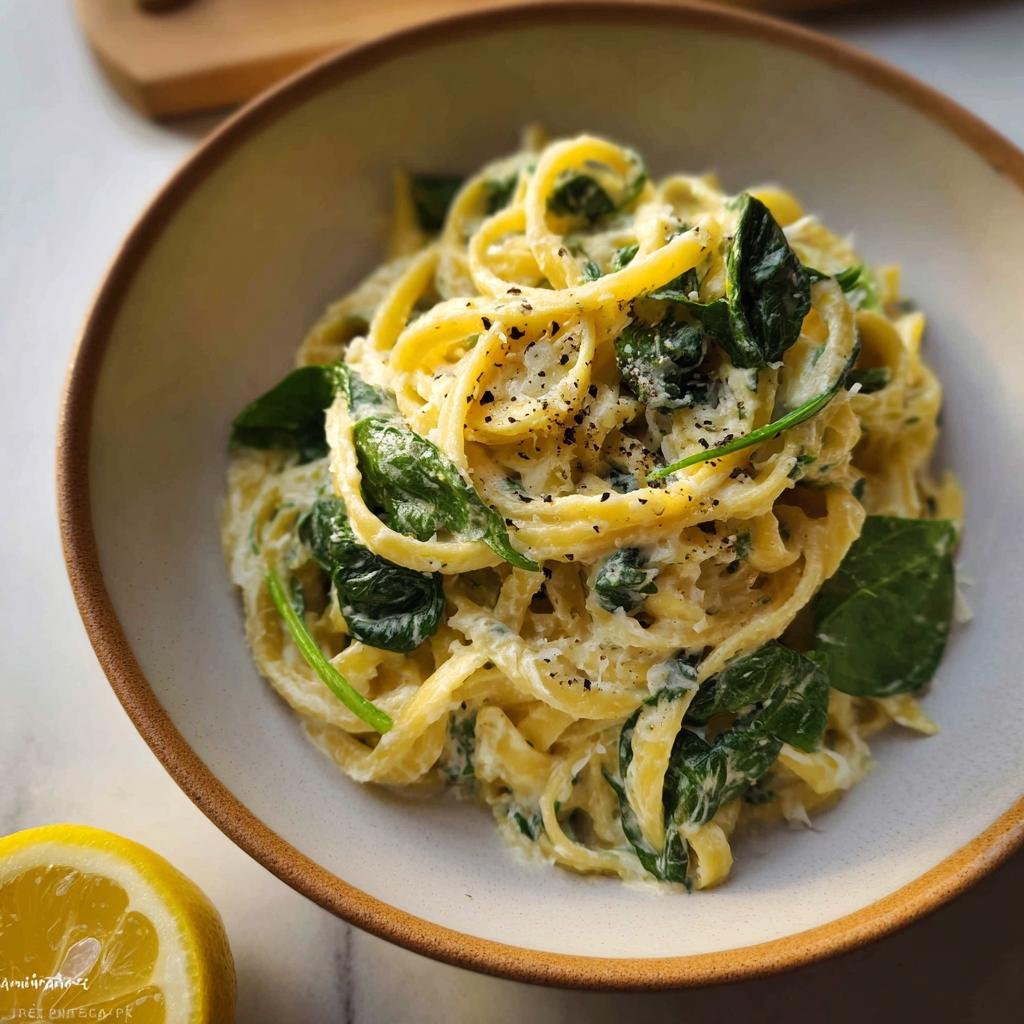 Nahaufnahme von Nudeln mit Zitronen-Ricotta-Sauce und frischem Spinat, bestreut mit schwarzem Pfeffer.