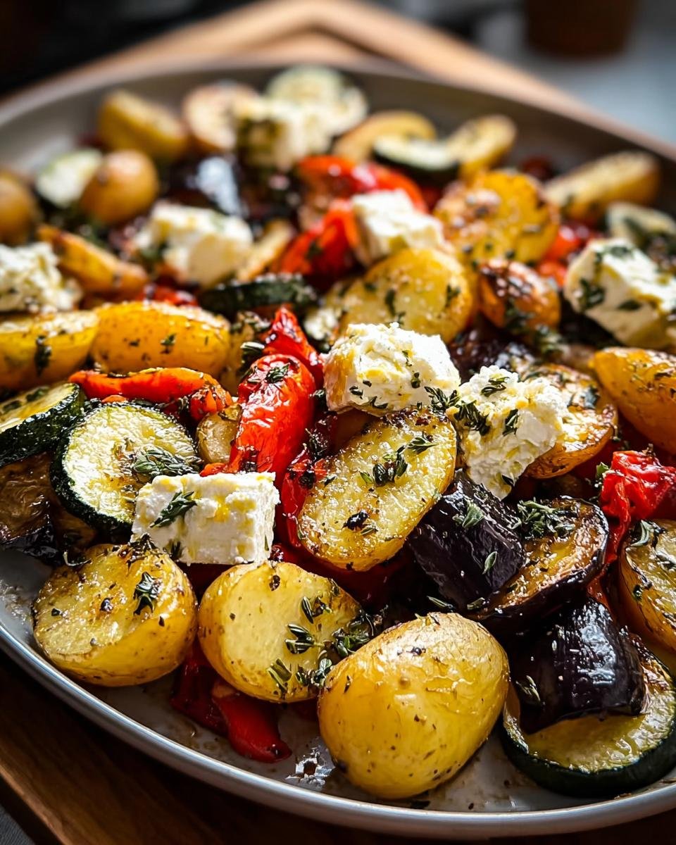 Nahaufnahme von Ofen-Feta mit Gemüse & Kräutern, bestehend aus gerösteten Kartoffeln, Zucchini, Paprika und Feta-Würfeln.