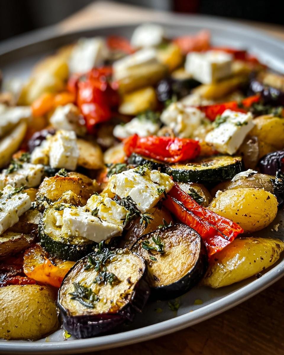 Nahaufnahme von Ofen-Feta mit Gemüse & Kräutern, bestehend aus gebackenen Kartoffeln, Zucchini, Auberginen und Feta-Würfeln.