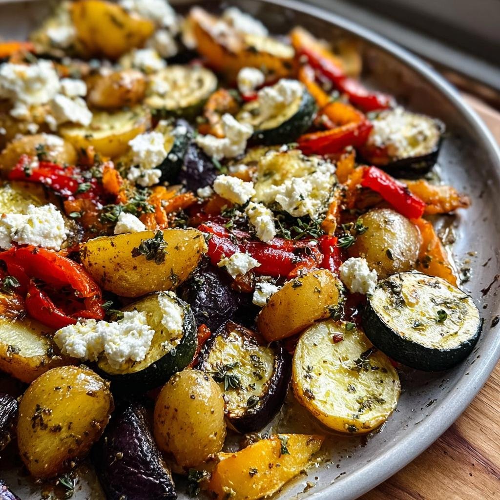 Nahaufnahme von Ofen-Feta mit Gemüse & Kräutern, bestehend aus gerösteten Kartoffeln, Zucchini, Paprika und zerbröseltem Feta.