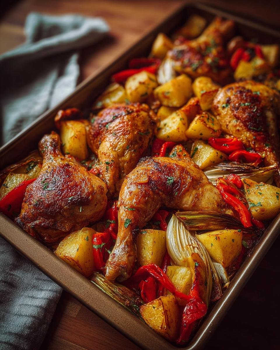 Knuspriges Ofen-Hähnchen mit Gemüse vom Blech, bestehend aus Hähnchenschenkeln, Kartoffeln und Paprika.