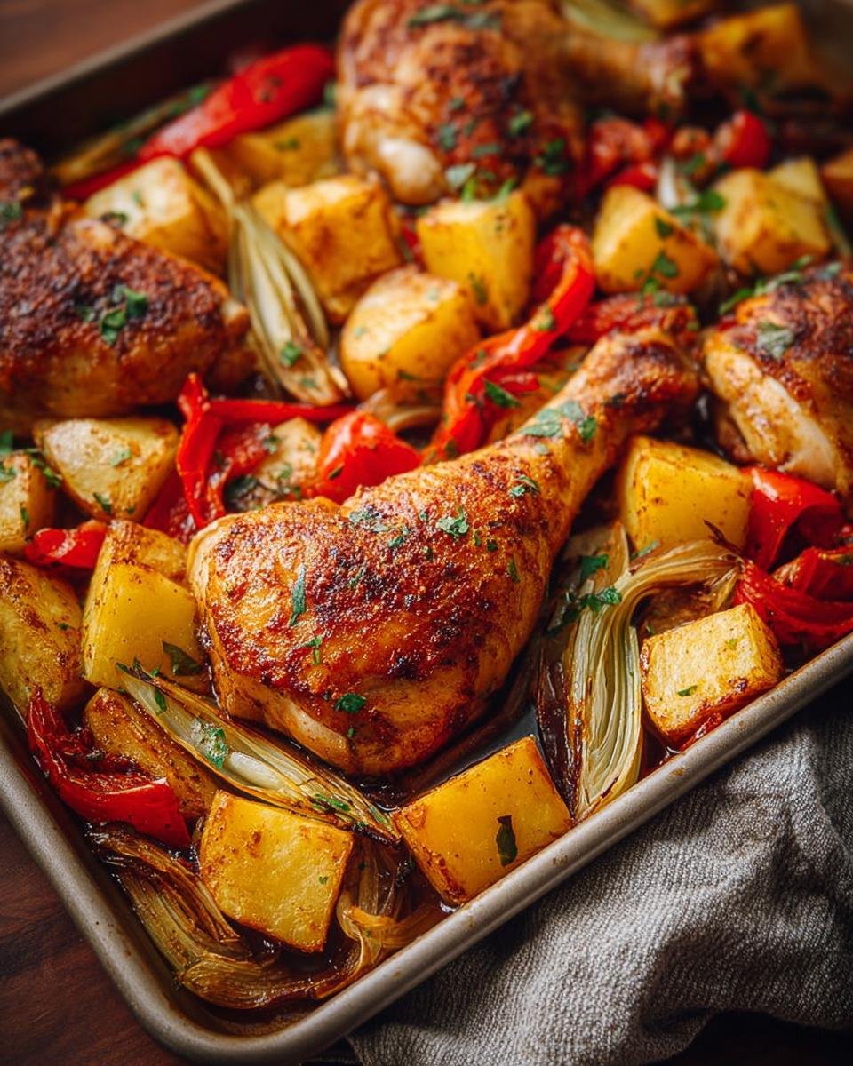 Knuspriges Ofen-Hähnchen mit Gemüse vom Blech, bestehend aus Kartoffeln, Paprika und Zwiebeln, direkt aus der Backform.