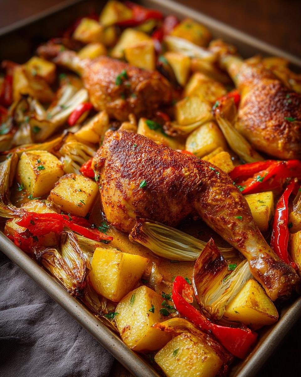 Nahaufnahme von knusprigem Ofen-Hähnchen mit Gemüse vom Blech, Kartoffeln und Paprika.