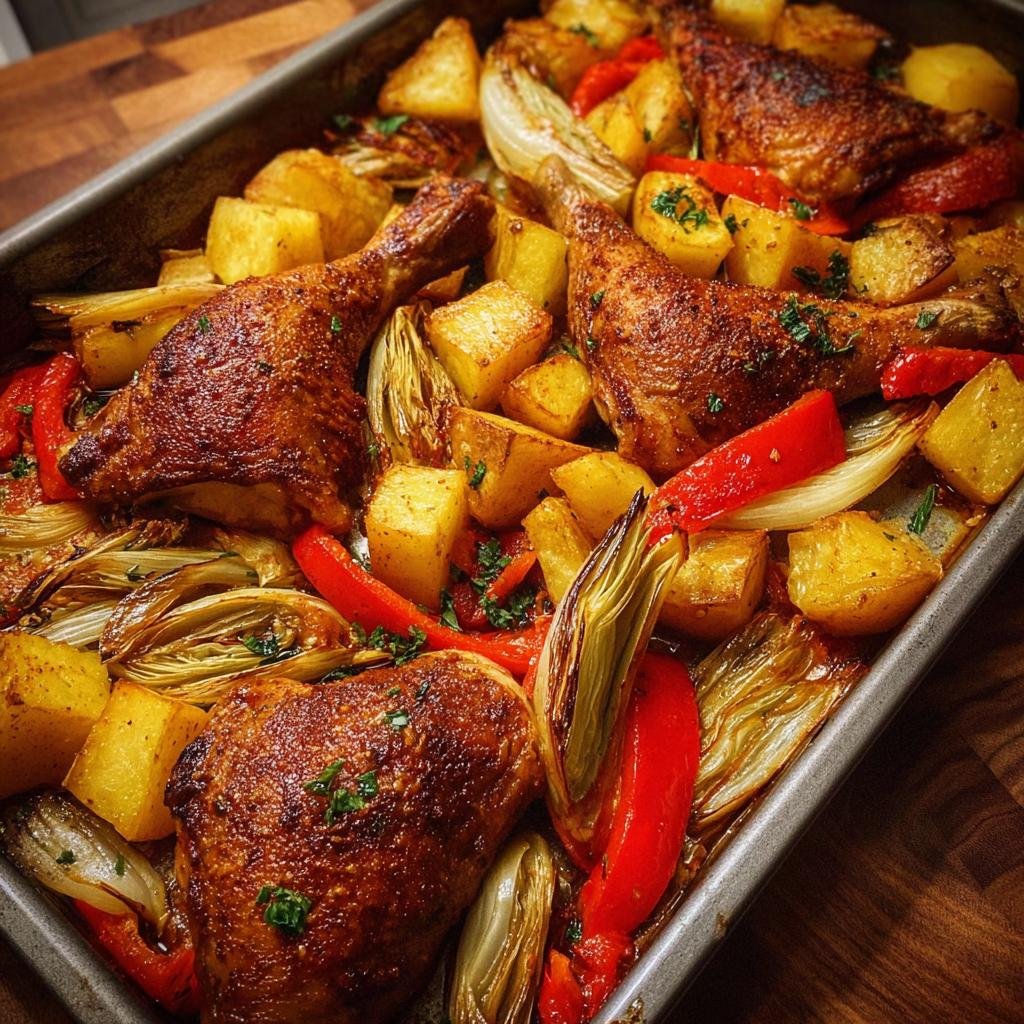 Knuspriges Ofen-Hähnchen mit Gemüse vom Blech, Kartoffeln und Paprika auf einem Backblech.