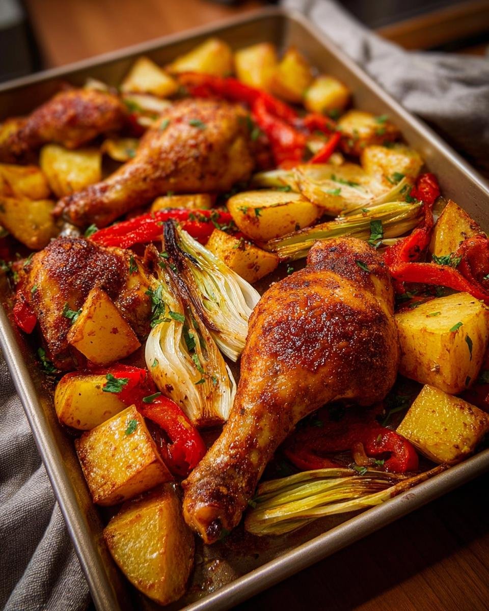 Knuspriges Ofen-Hähnchen mit Gemüse vom Blech, bestehend aus Kartoffeln, Paprika und Fenchel.