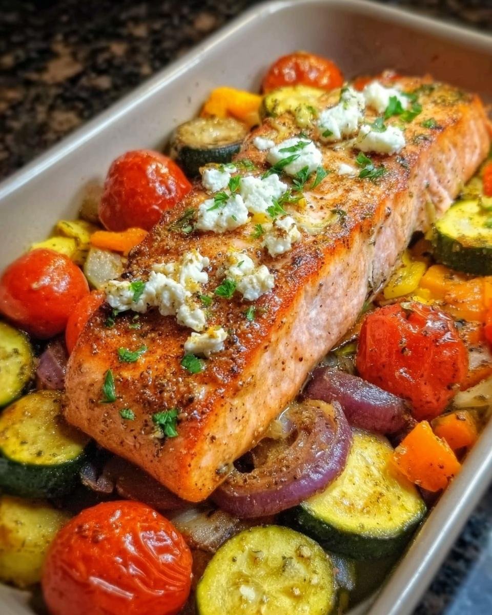 Ein saftiges Stück Ofen-Lachs auf Gemüse mit Feta, gebacken in einer Auflaufform.