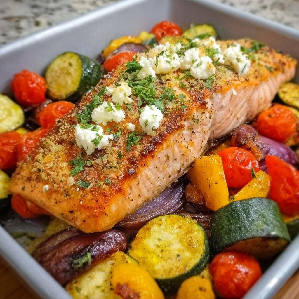 Gebratener Lachs mit Feta und Kräutern auf geröstetem Gemüse, ein perfekter Ofen-Lachs auf Gemüse mit Feta.