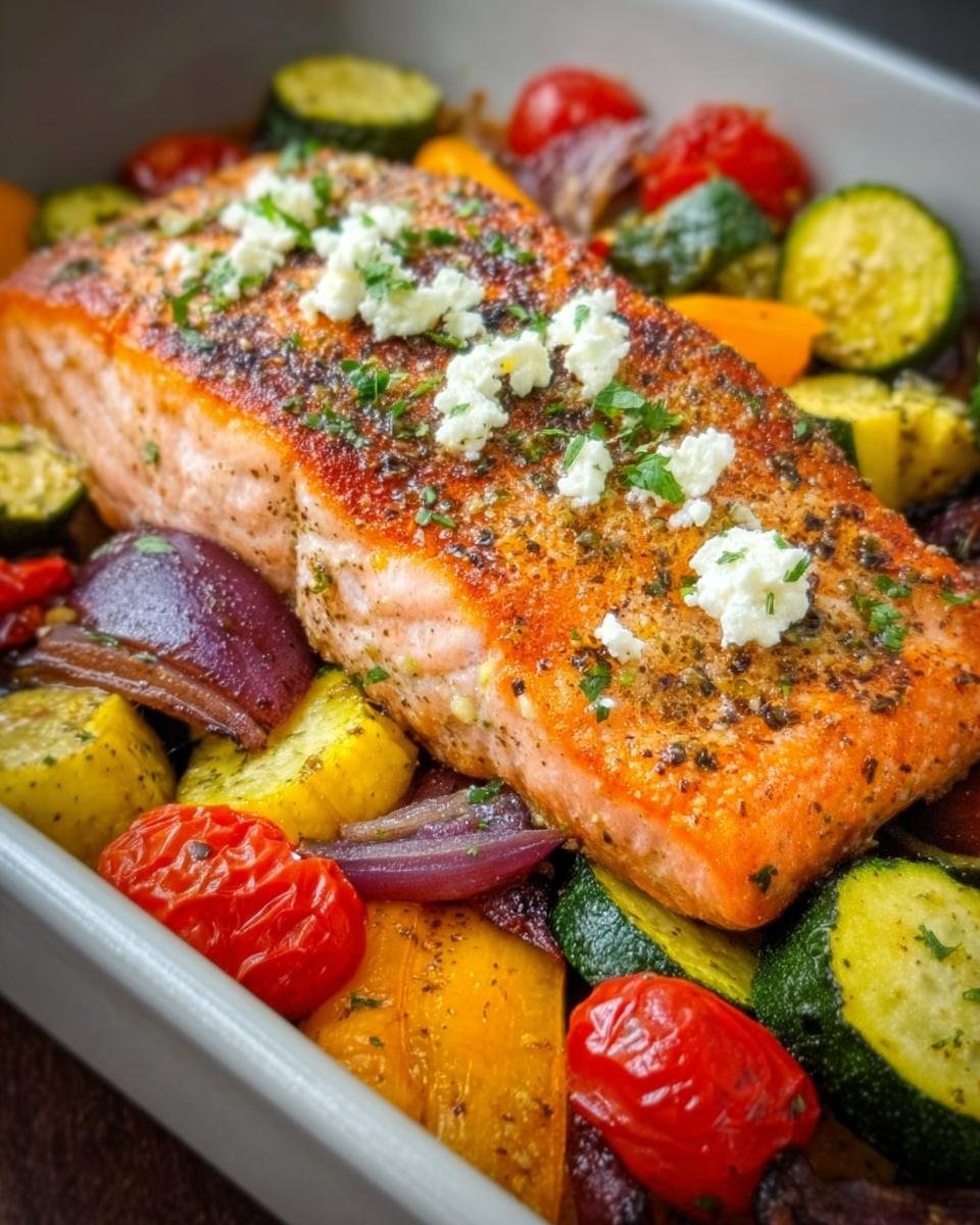 Ein saftiges Stück Ofen-Lachs auf Gemüse mit Feta, garniert mit Petersilie, in einer Auflaufform.