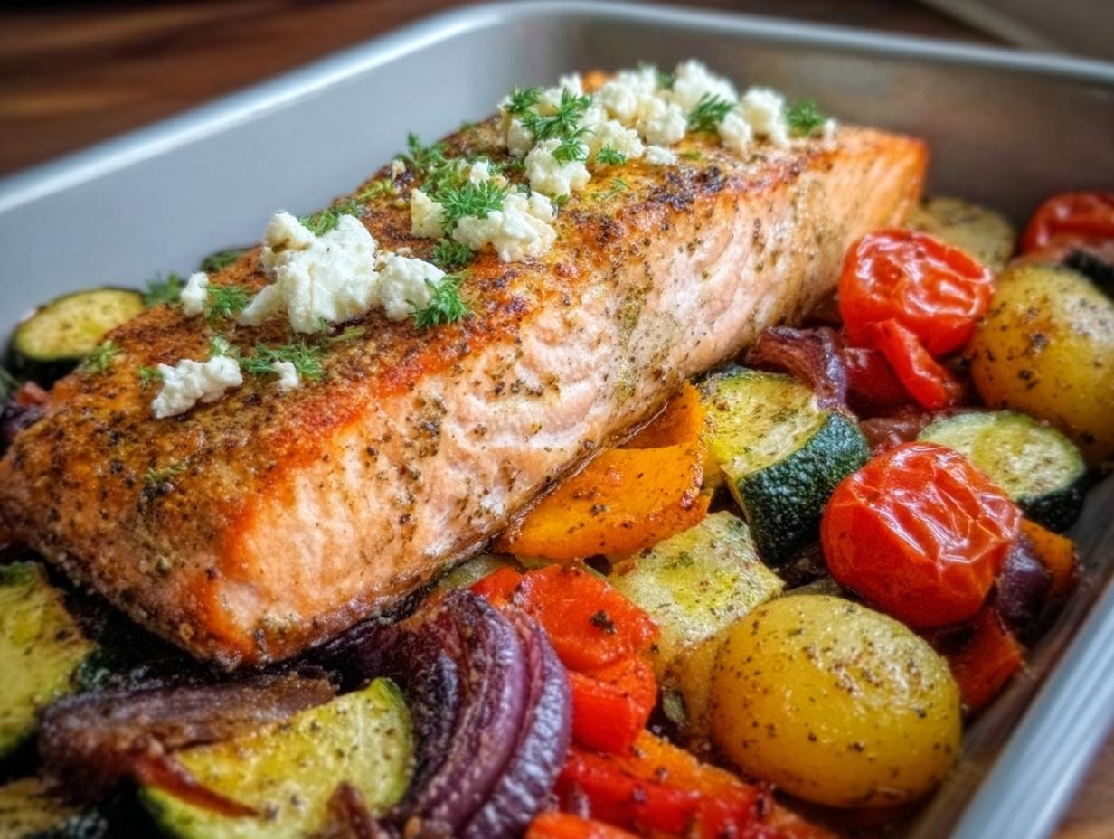 Ein saftiges Stück Ofen-Lachs auf Gemüse mit Feta und Kräutern, frisch aus dem Backblech.