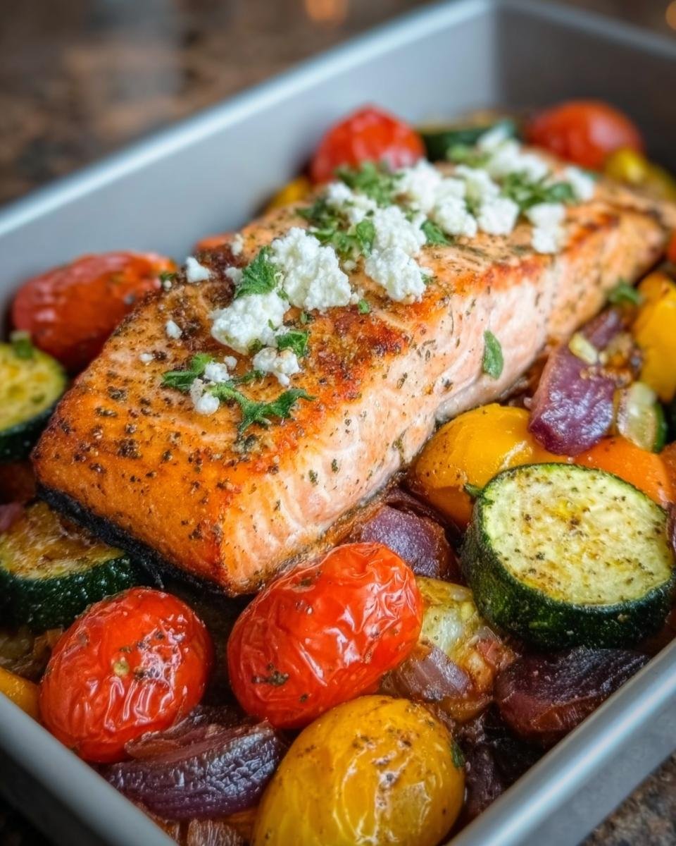 Gebratenes Lachsfilet mit zerbröseltem Feta und Kräutern auf geröstetem Gemüse, bereit zum Servieren im Ofenblech. Ofen-Lachs auf Gemüse mit Feta.