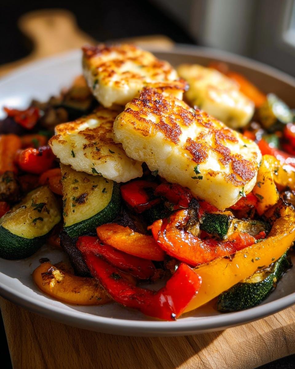 Teller mit Ofengemüse mit Halloumi: Gebratene Halloumi-Scheiben auf gerösteten Paprika- und Zucchinischeiben.