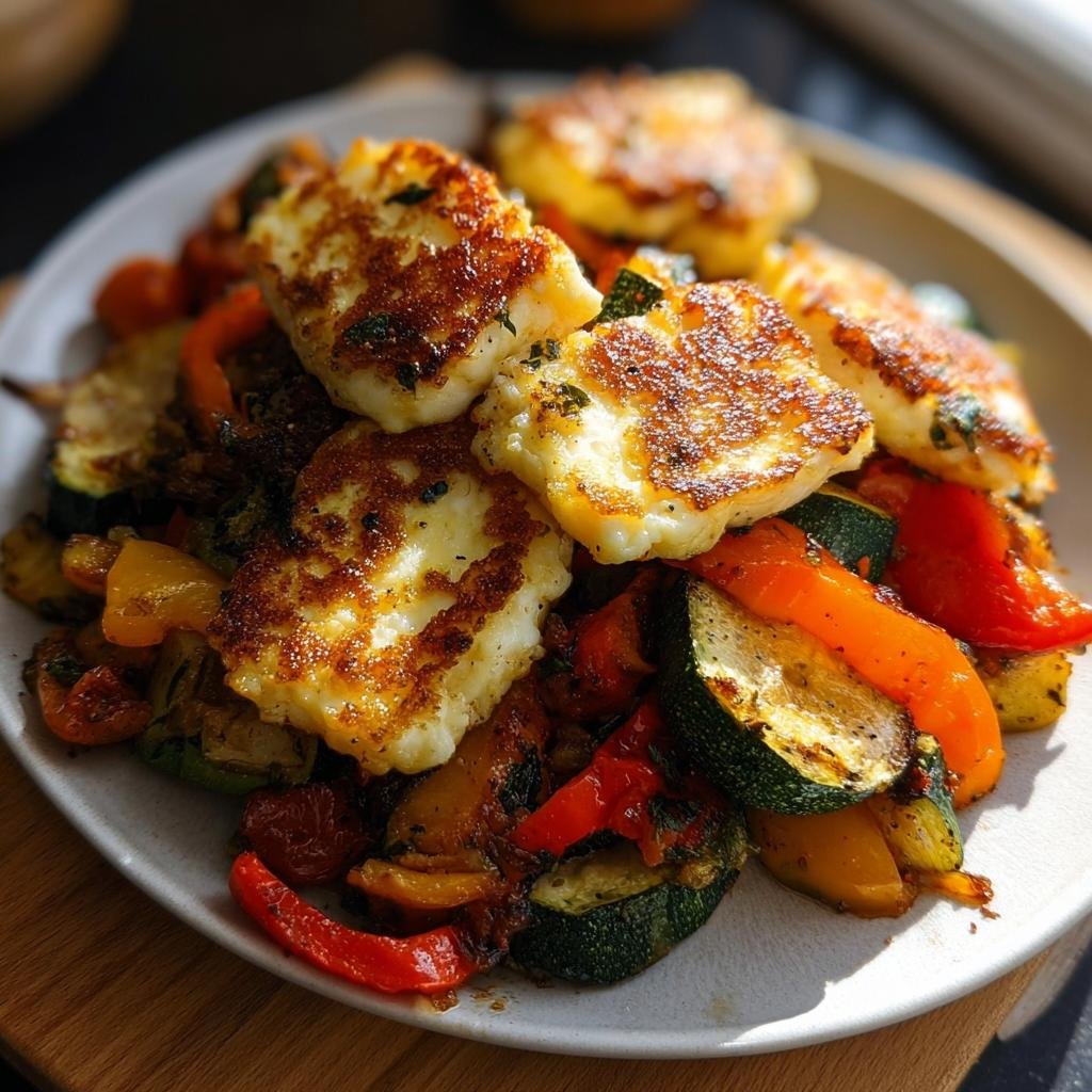 Nahaufnahme von Ofengemüse mit Halloumi, bestehend aus gebratenen Zucchini, Paprika und goldbraun gebratenem Halloumi-Käse.