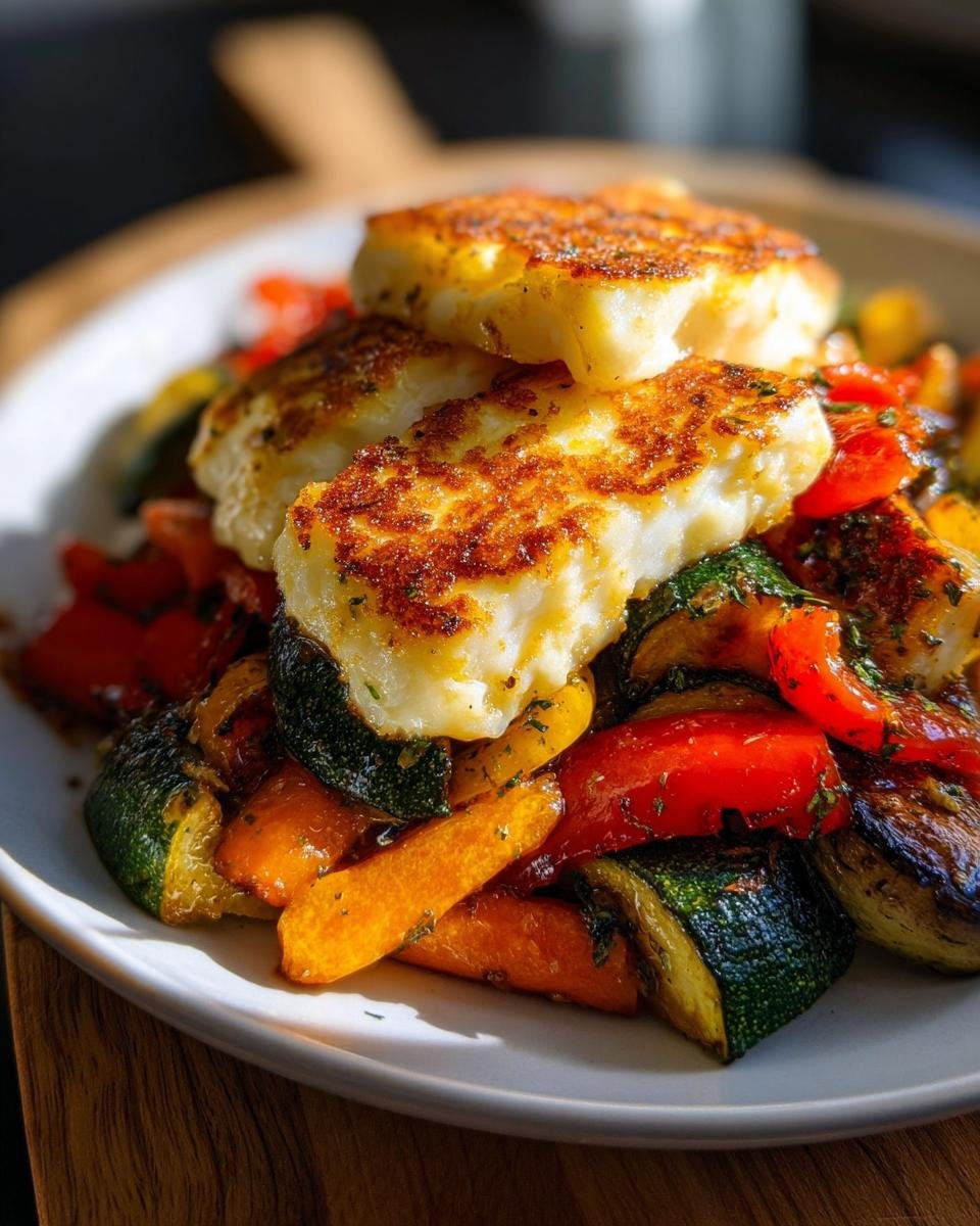 Teller mit Ofengemüse mit Halloumi, bestehend aus gebratenen Zucchini, Paprika und Karotten, belegt mit kross gebratenem Halloumi.