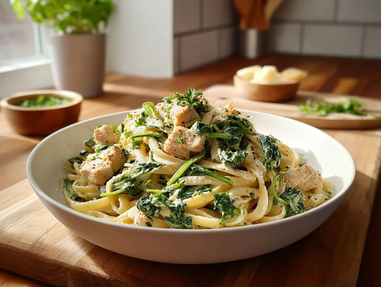 Ein Teller One-Pot-Pasta mit Spinat und Hähnchenstücken in cremiger Frischkäsesauce.