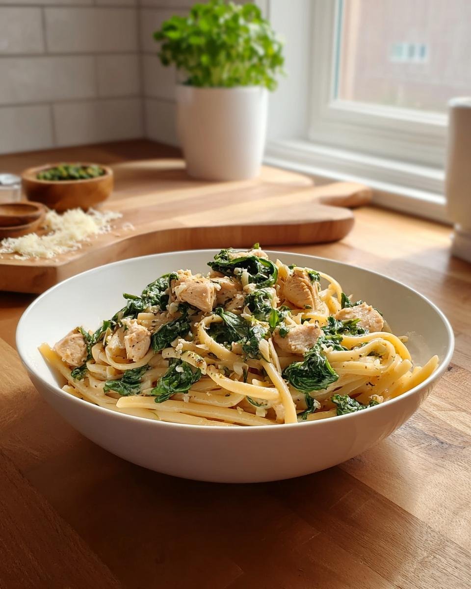 Eine Schüssel One-Pot-Pasta mit Spinat und Frischkäse, garniert mit Hähnchenstücken, auf einem Holztisch.