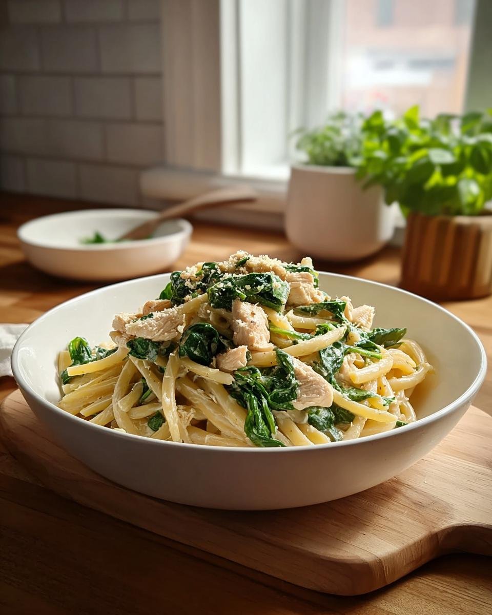 Eine Schüssel One-Pot-Pasta mit Spinat, Frischkäse-Sauce und Hähnchenstücken, garniert mit Parmesan.