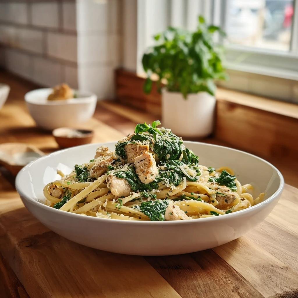 Eine Schüssel cremiger One-Pot-Pasta mit Spinat, Frischkäse und Hähnchenstücken, bestreut mit Parmesan.