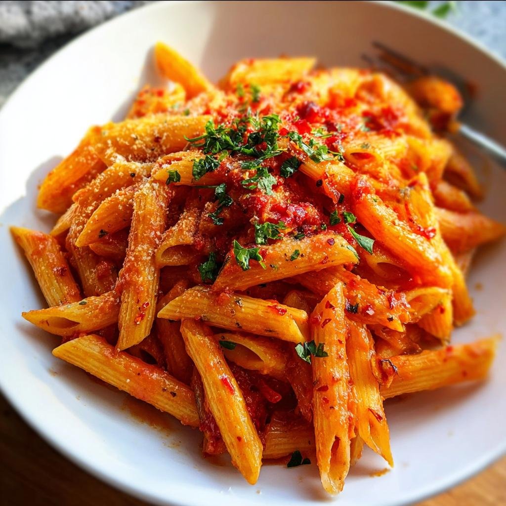 Nahaufnahme von Penne all’Arrabbiata – scharf & schnell, garniert mit Petersilie und Parmesan in einer weißen Schüssel.