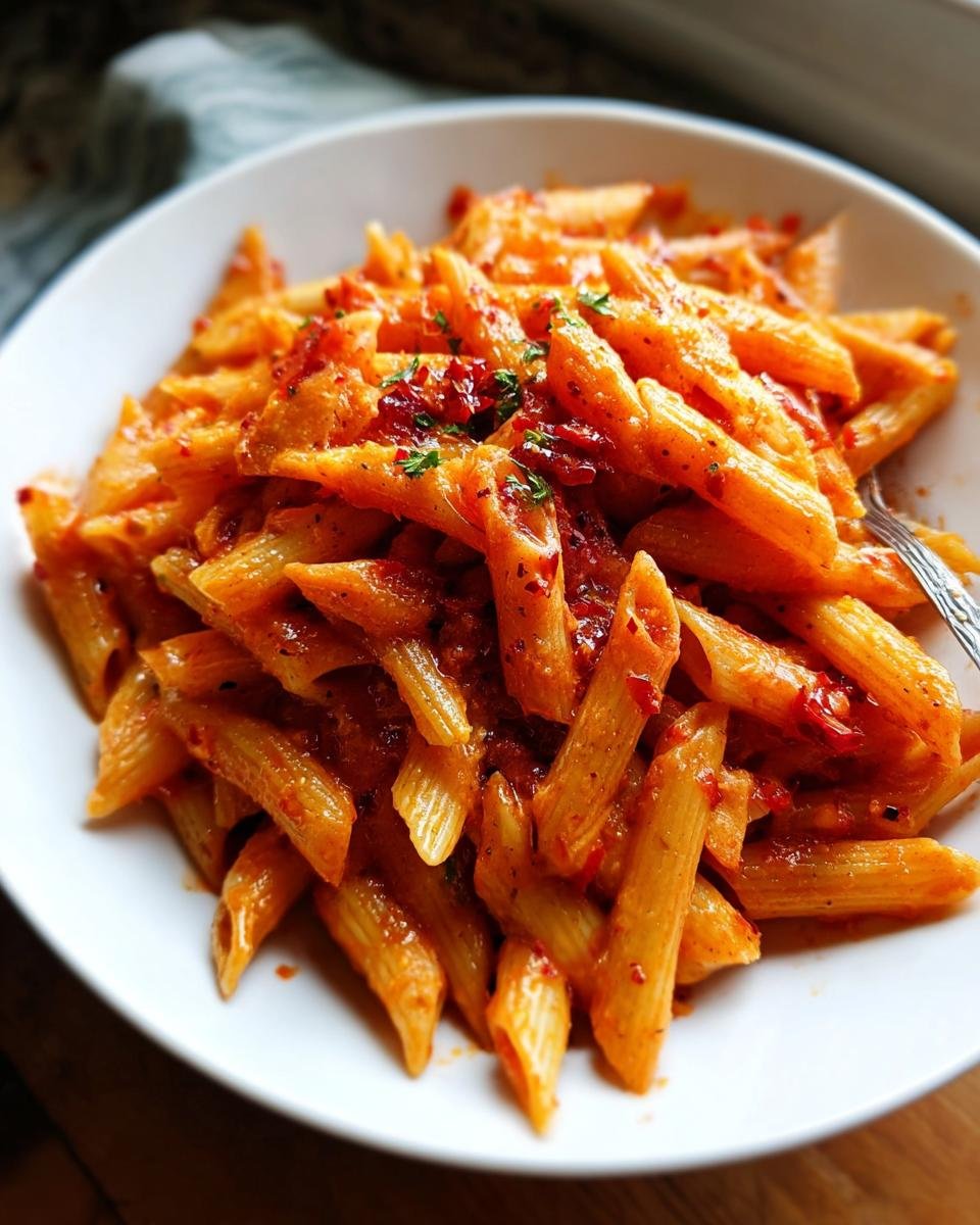 Nahaufnahme von Penne all’Arrabbiata – scharf & schnell in einer weißen Schüssel, bedeckt mit roter, würziger Soße.