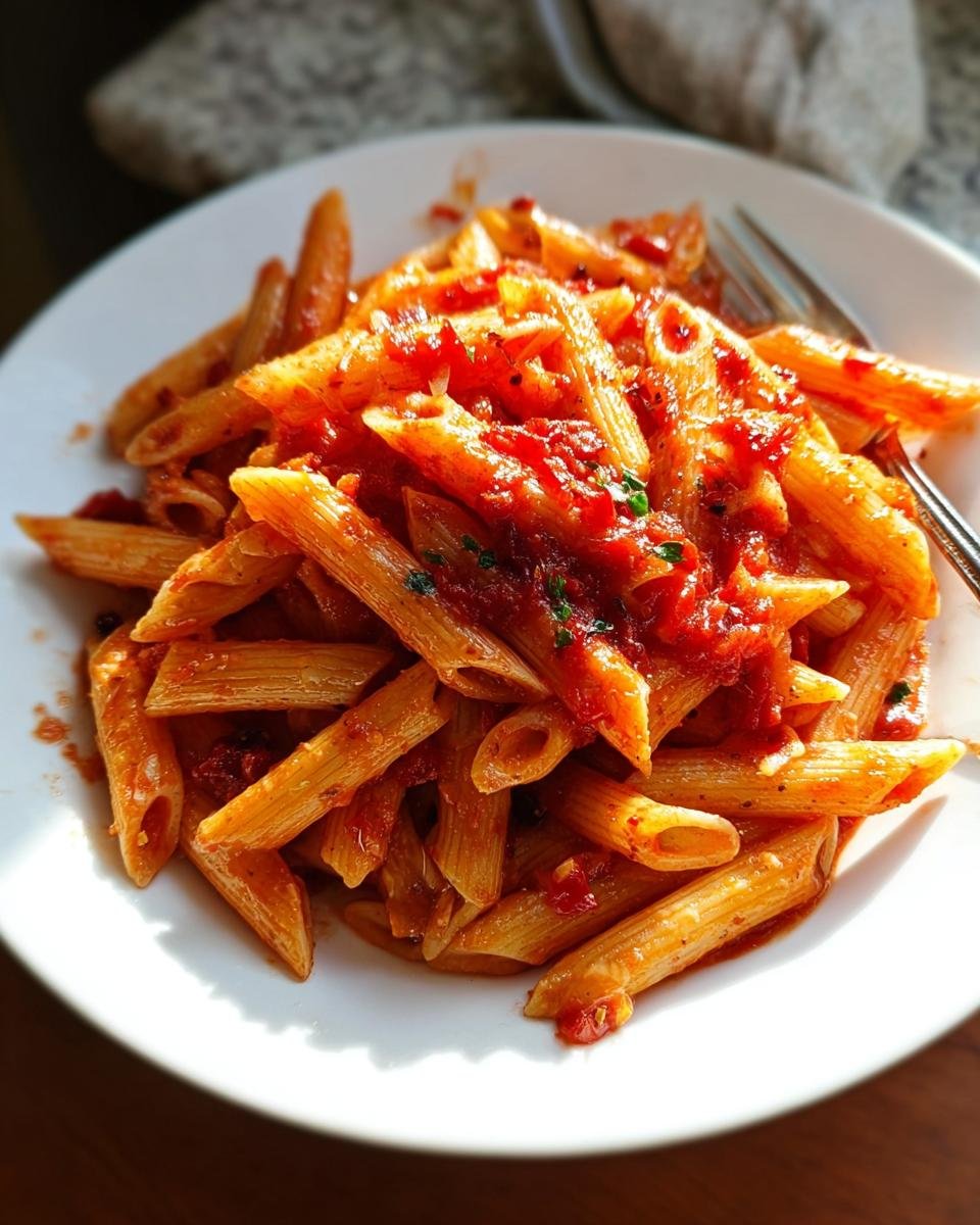 Teller mit Penne all’Arrabbiata – scharf & schnell, bedeckt mit würziger roter Tomatensauce und Kräutern.