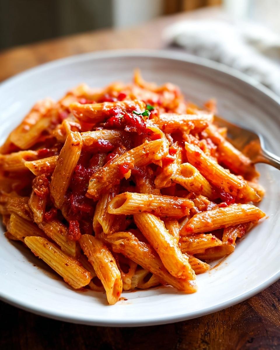 Nahaufnahme von Penne all’Arrabbiata – scharf & schnell mit würziger Tomatensauce auf einem weißen Teller.