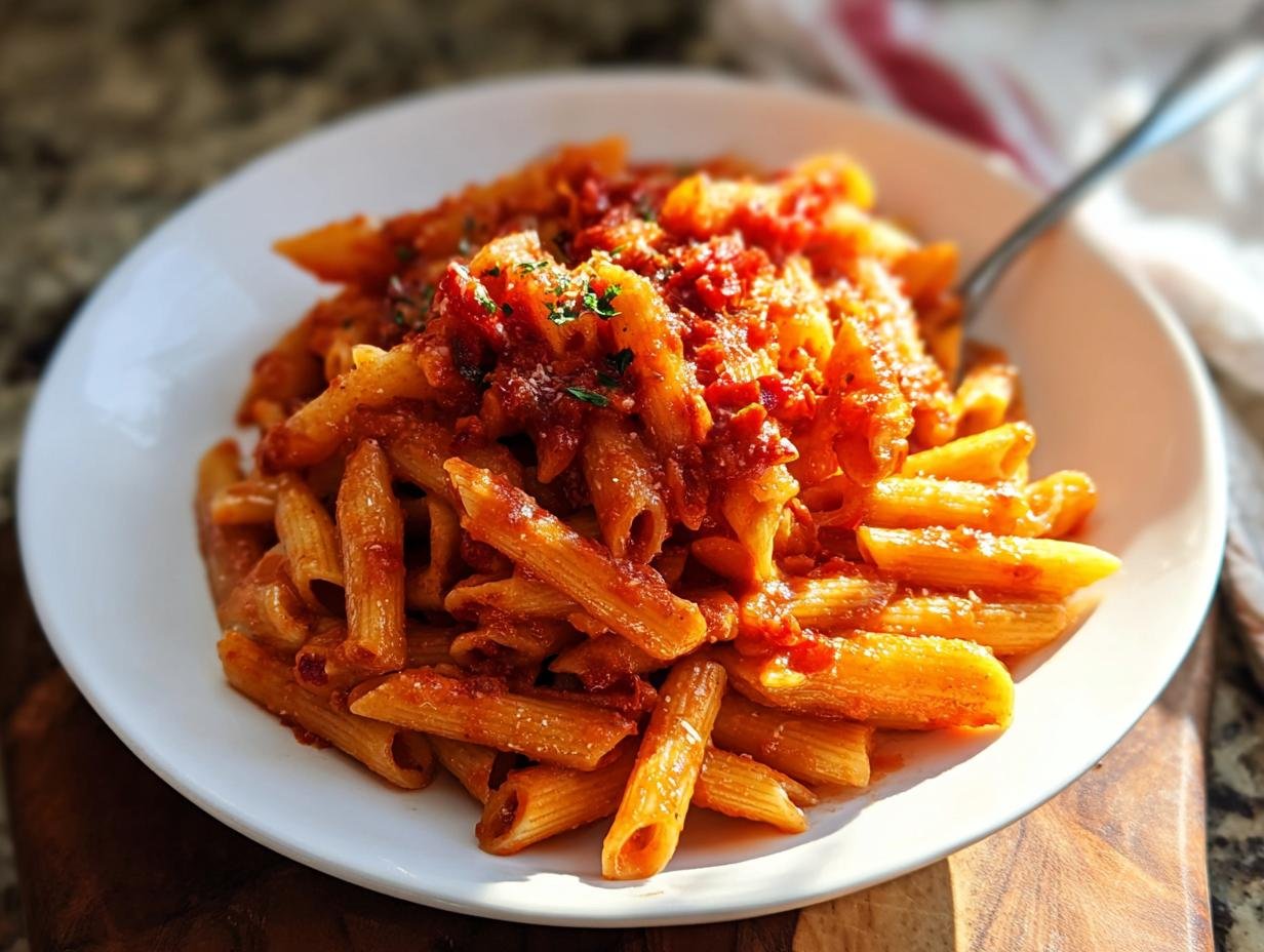 A close-up of a white plate filled with Penne all’Arrabbiata – scharf & schnell, coated in a vibrant red, spicy tomato sauce.