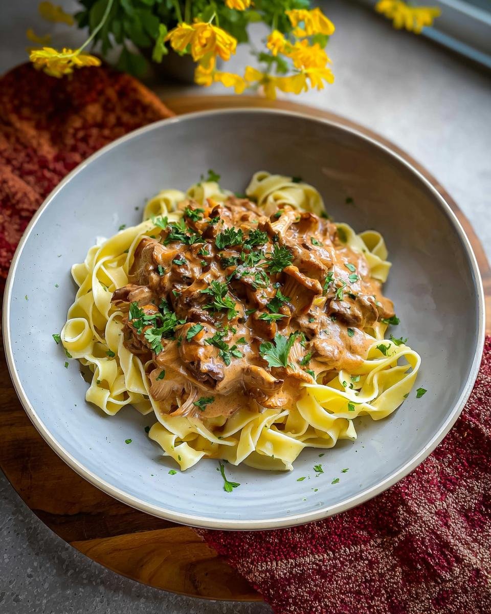 A generous serving of Pilzrahmgeschnetzeltes mit Bandnudeln topped with fresh parsley in a grey bowl.