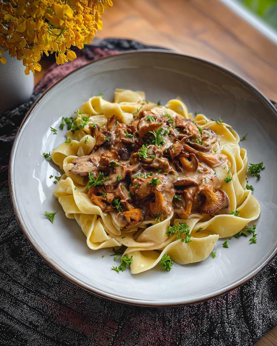 Teller mit cremigem Pilzrahmgeschnetzeltes mit Bandnudeln, garniert mit Petersilie.