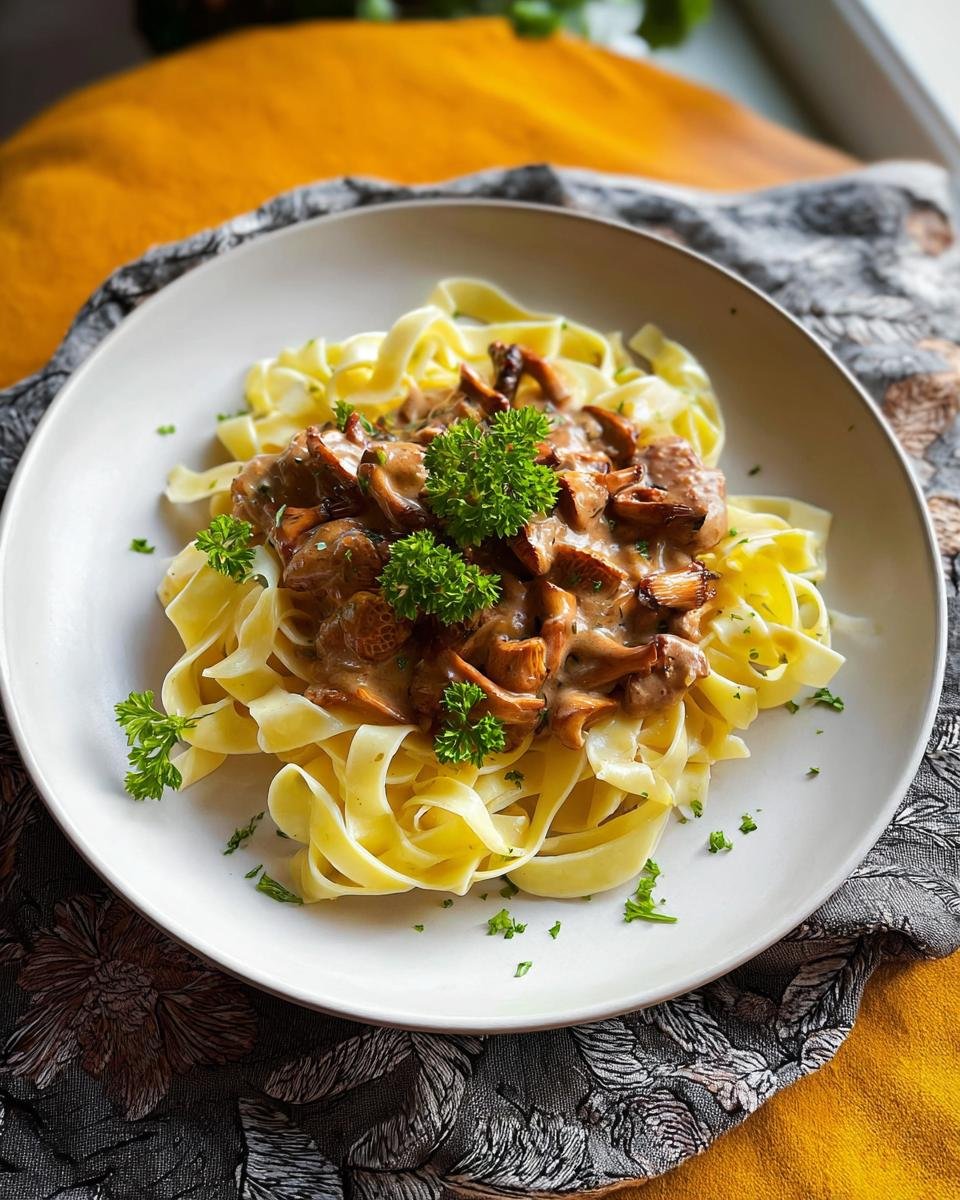 Teller mit cremigem Pilzrahmgeschnetzeltes mit Bandnudeln, garniert mit Petersilie.