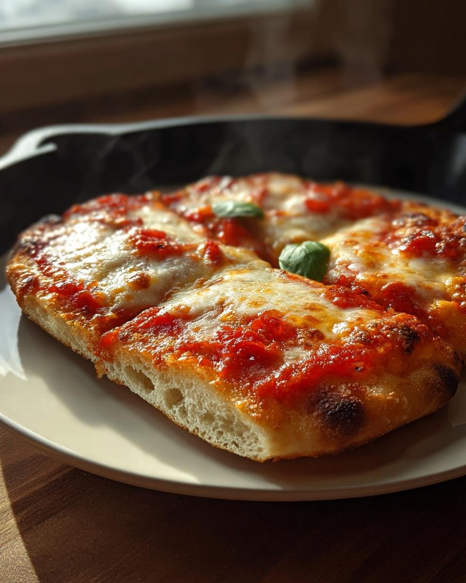 Nahaufnahme einer dampfenden Pita-Pizza aus dem Ofen mit geschmolzenem Käse, Tomatensauce und Basilikum auf einem Teller.