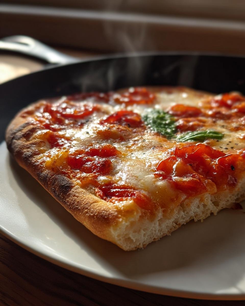 Nahaufnahme einer dampfenden Pita-Pizza aus dem Ofen mit geschmolzenem Käse und Tomaten.