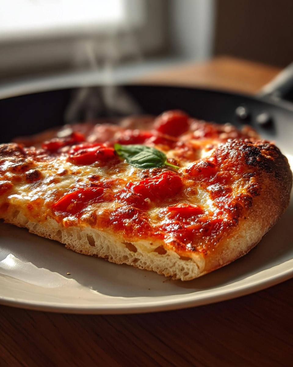 Nahaufnahme eines dampfenden Stücks Pita-Pizza aus dem Ofen in 10 Minuten mit geschmolzenem Käse und Tomaten.