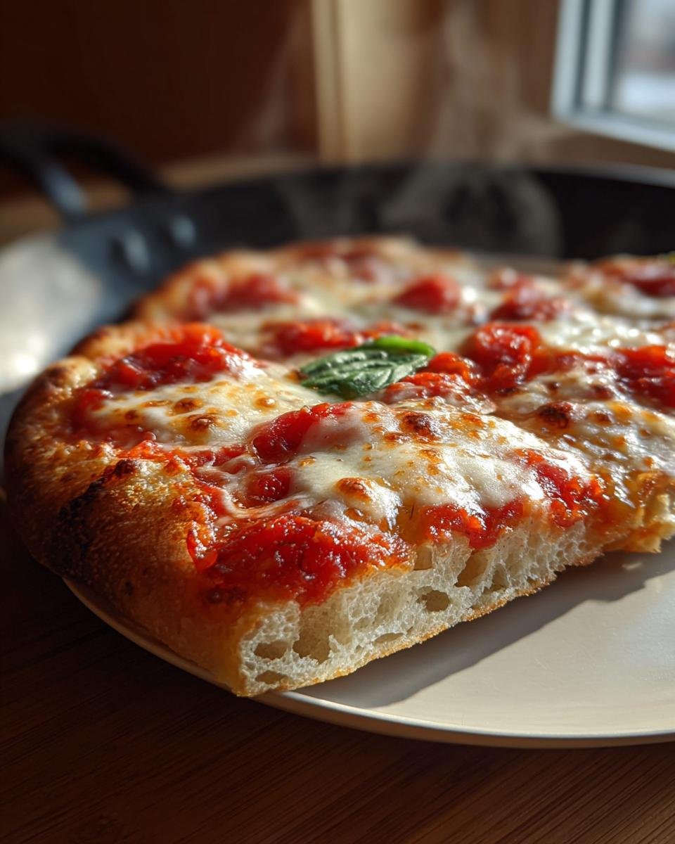 Nahaufnahme einer dampfenden Pita-Pizza aus dem Ofen mit geschmolzenem Käse, Tomatensauce und Basilikum.