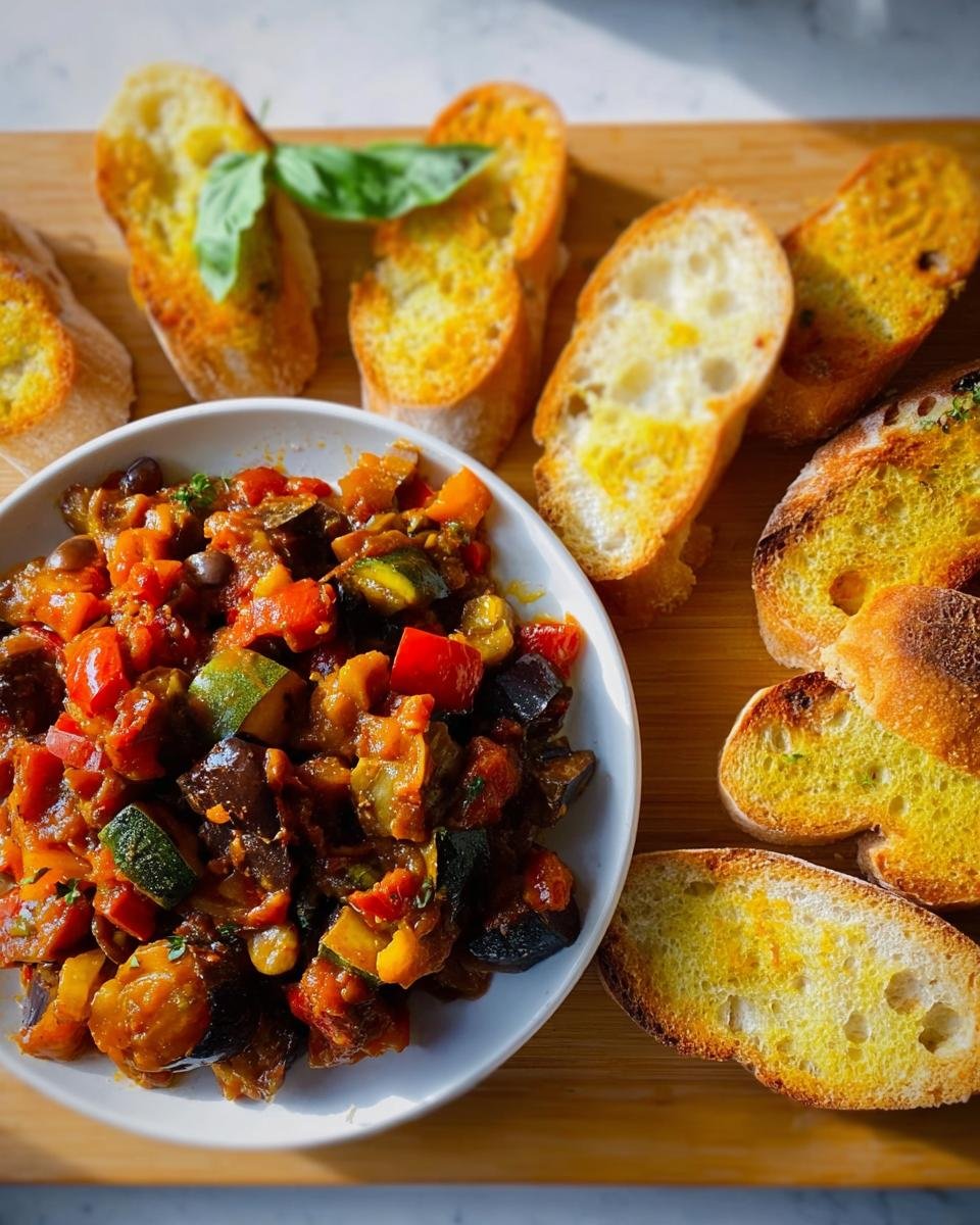 Eine Schüssel mit buntem Ratatouille und gerösteten Baguette-Scheiben, ideal für Ratatouille mit Baguette.