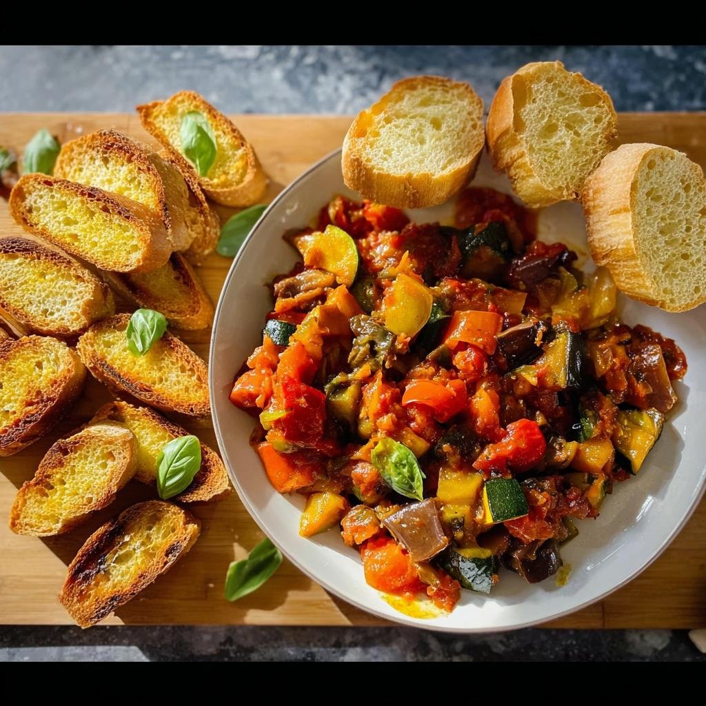Eine Schüssel mit Ratatouille mit Baguette, garniert mit Basilikumblättern.